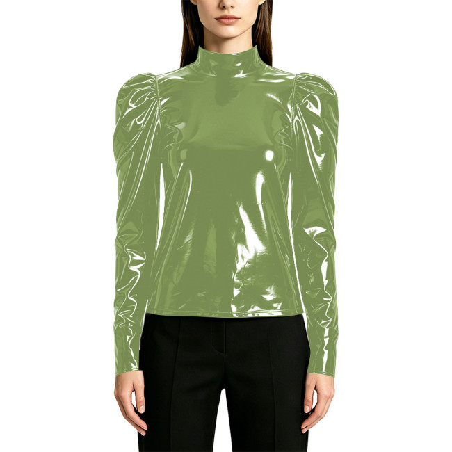 Women's Fashion Shiny PVC High Neck T-shirts Lockable Female Blouse Wet Look Faux Leather Puff Long Sleeve Tops Elegant Clubwear