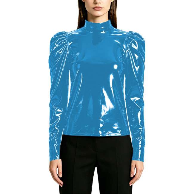 Women's Fashion Shiny PVC High Neck T-shirts Lockable Female Blouse Wet Look Faux Leather Puff Long Sleeve Tops Elegant Clubwear