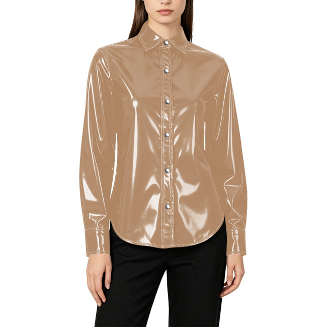 Plus Size Elegant Womens PVC Shiny Leather Shirts Office Ladies Casual Single-breasted Blouses Wetlook Club Formal Dress Tops