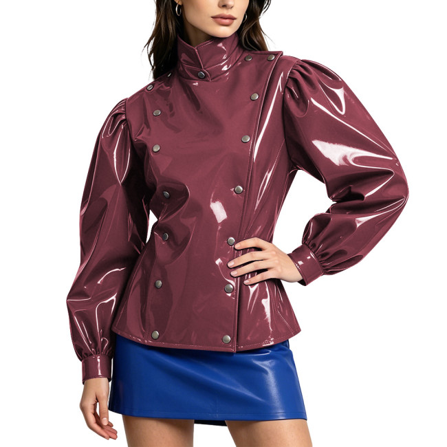Street PVC Glossy Leather Double Breasted Jackets Women's Stand Collar Puff Long Sleeves Vinyl Coats Female Chic Solid Clubwear