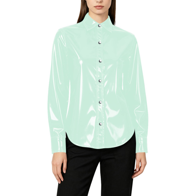 Plus Size Elegant Womens PVC Shiny Leather Shirts Office Ladies Casual Single-breasted Blouses Wetlook Club Formal Dress Tops