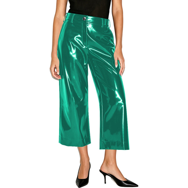 Women Shiny PVC Solid Color Wide Leg Pants High Waist Wet-look Cropped Trousers Elegant Ladies Loose Straight Pants Streetwear