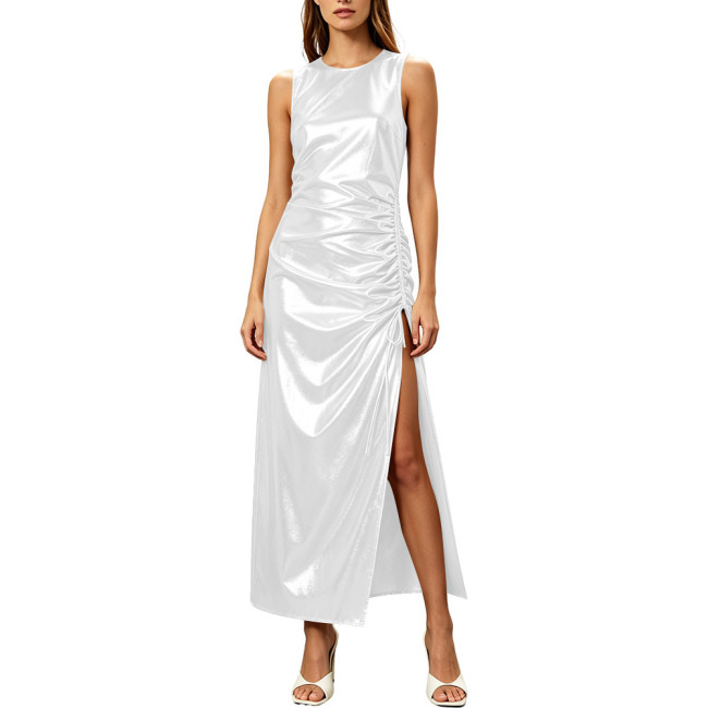 Women's Formal Evening Gowns Metallic Shiny Party Club Dresses Round Neck Sleeveless Pleated Side Slit Straight Club Long Dress