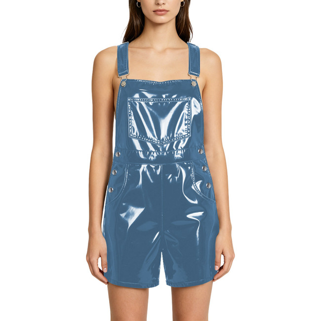 Women PVC Vinyl Leather Street Bib Overalls Solid Color Slim Sleeveless Cargo Straight Leg Short Romper with Pockets Clubwear