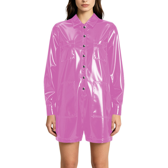 Punk Vinyl PVC Leather Rompers Women Lapel Buttons Pocket Loose One Piece Short Jumpsuits Fashion Streetwear Festival Clubwear