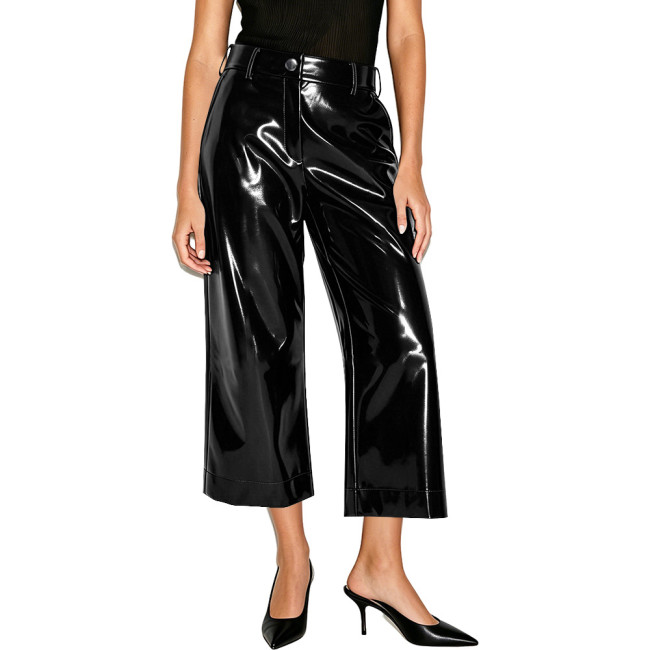 Women Shiny PVC Solid Color Wide Leg Pants High Waist Wet-look Cropped Trousers Elegant Ladies Loose Straight Pants Streetwear