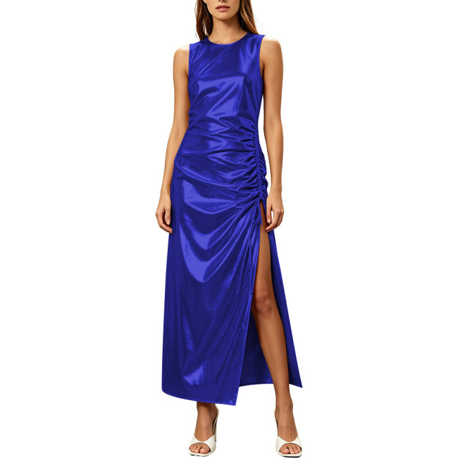 Women's Formal Evening Gowns Metallic Shiny Party Club Dresses Round Neck Sleeveless Pleated Side Slit Straight Club Long Dress