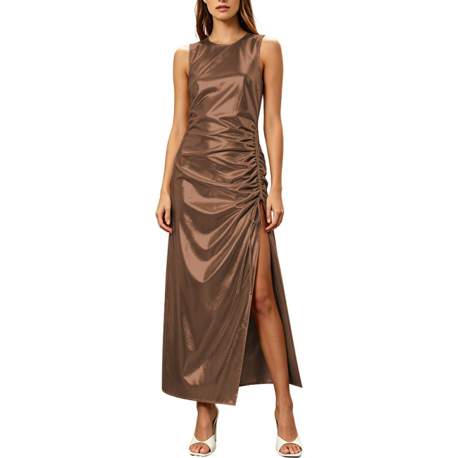 Women's Formal Evening Gowns Metallic Shiny Party Club Dresses Round Neck Sleeveless Pleated Side Slit Straight Club Long Dress