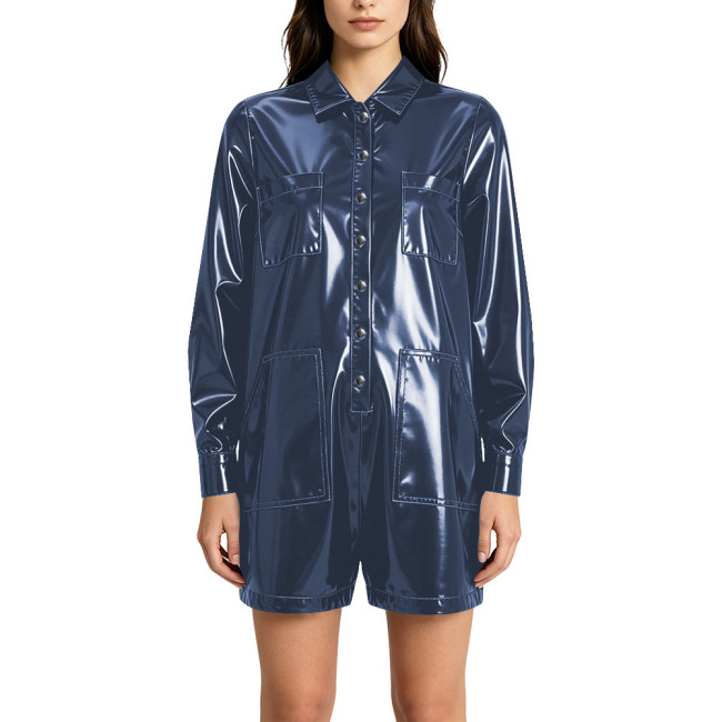 Punk Vinyl PVC Leather Rompers Women Lapel Buttons Pocket Loose One Piece Short Jumpsuits Fashion Streetwear Festival Clubwear