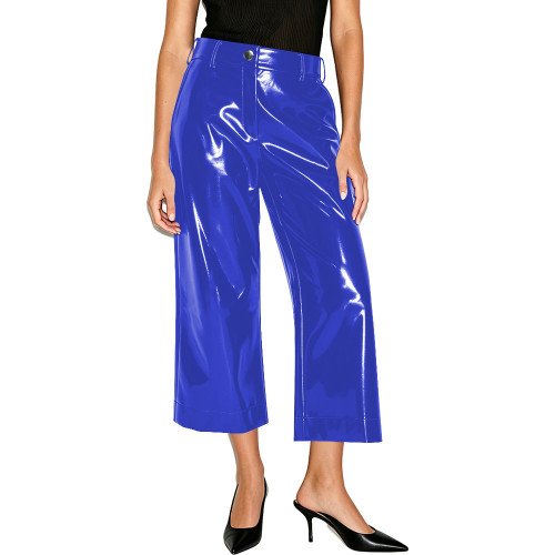 Women Shiny PVC Solid Color Wide Leg Pants High Waist Wet-look Cropped Trousers Elegant Ladies Loose Straight Pants Streetwear