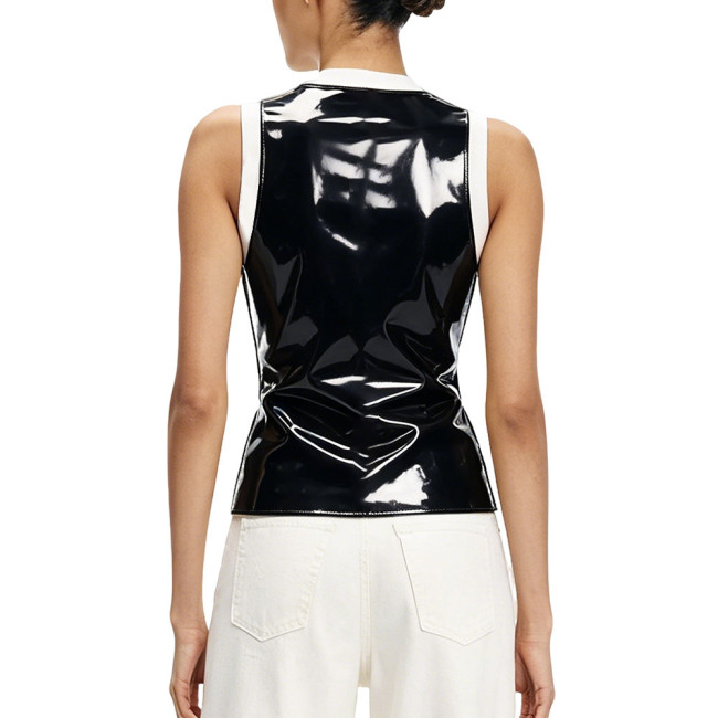 New Women's Glossy PVC Leather Elegant Waistcoat Vest High Street V-neck Contrast Trim Design Tank Tops Button-up Female Blouse