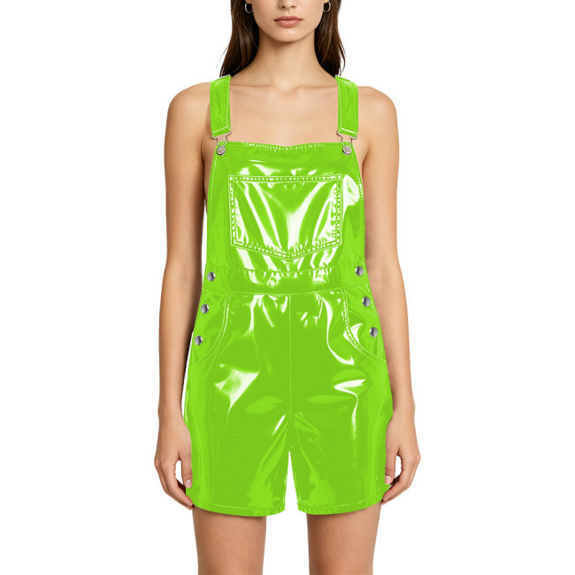 Women PVC Vinyl Leather Street Bib Overalls Solid Color Slim Sleeveless Cargo Straight Leg Short Romper with Pockets Clubwear