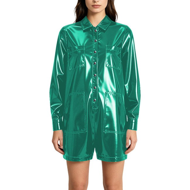 Punk Vinyl PVC Leather Rompers Women Lapel Buttons Pocket Loose One Piece Short Jumpsuits Fashion Streetwear Festival Clubwear