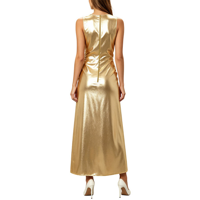 Women's Formal Evening Gowns Metallic Shiny Party Club Dresses Round Neck Sleeveless Pleated Side Slit Straight Club Long Dress