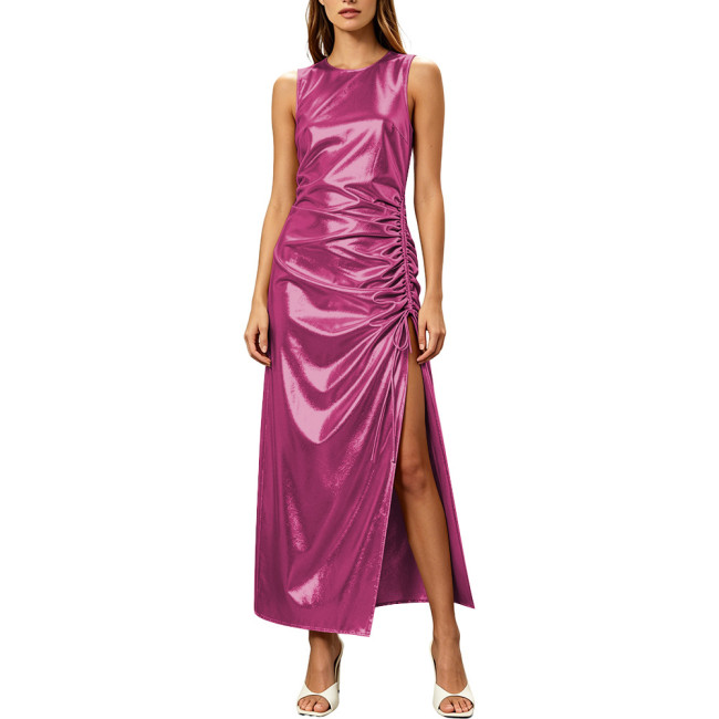 Women's Formal Evening Gowns Metallic Shiny Party Club Dresses Round Neck Sleeveless Pleated Side Slit Straight Club Long Dress