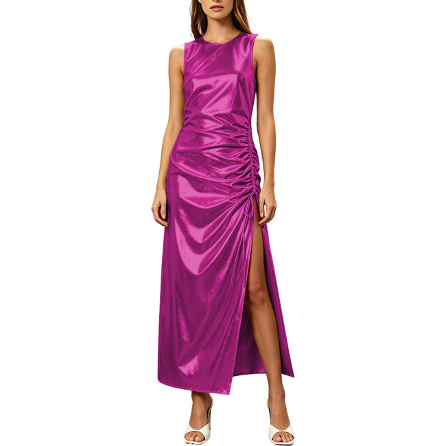 Women's Formal Evening Gowns Metallic Shiny Party Club Dresses Round Neck Sleeveless Pleated Side Slit Straight Club Long Dress