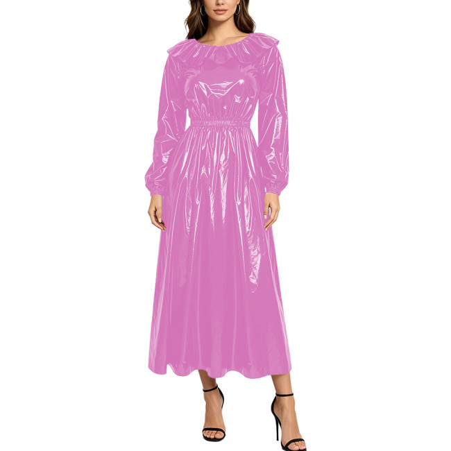 Elegant Wet Look PVC Leather Long Swing Dress for Womens High Street Crew Neck Long Sleeve A-Line Ruffled Dresses Shiny Clubwear