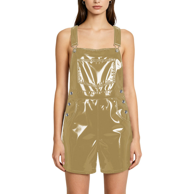Women PVC Vinyl Leather Street Bib Overalls Solid Color Slim Sleeveless Cargo Straight Leg Short Romper with Pockets Clubwear