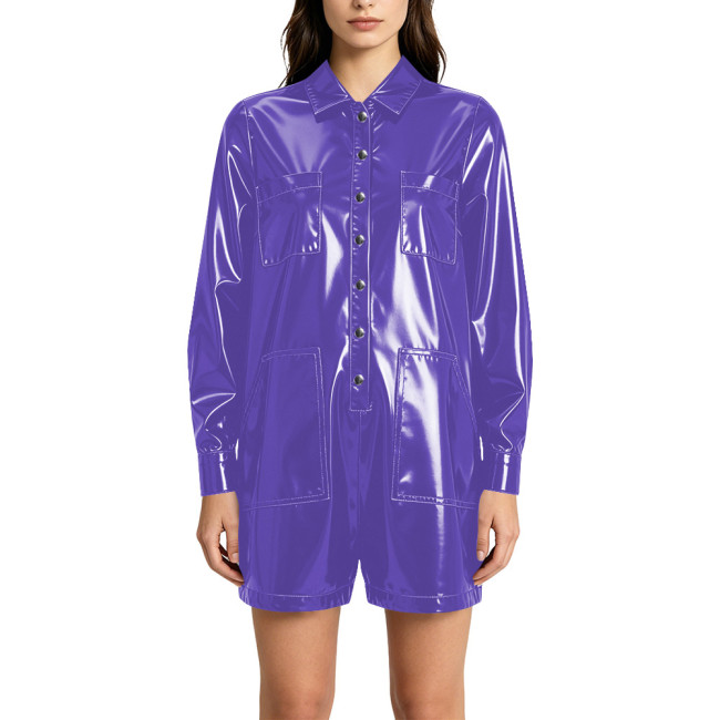 Punk Vinyl PVC Leather Rompers Women Lapel Buttons Pocket Loose One Piece Short Jumpsuits Fashion Streetwear Festival Clubwear