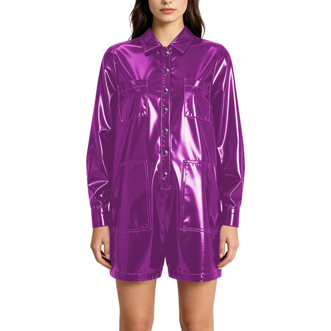 Punk Vinyl PVC Leather Rompers Women Lapel Buttons Pocket Loose One Piece Short Jumpsuits Fashion Streetwear Festival Clubwear