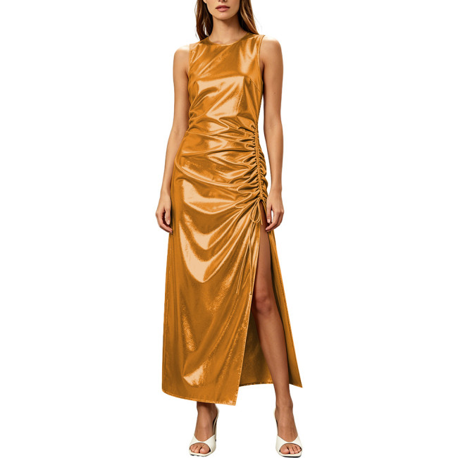 Women's Formal Evening Gowns Metallic Shiny Party Club Dresses Round Neck Sleeveless Pleated Side Slit Straight Club Long Dress