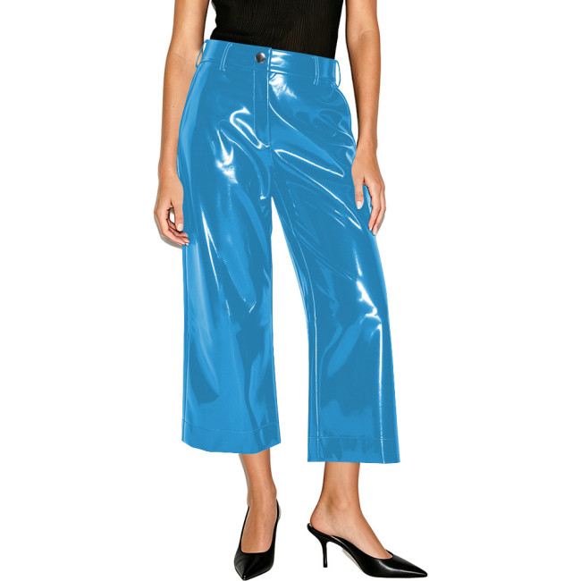 Women Shiny PVC Solid Color Wide Leg Pants High Waist Wet-look Cropped Trousers Elegant Ladies Loose Straight Pants Streetwear