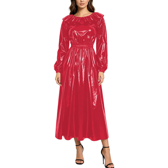 Elegant Wet Look PVC Leather Long Swing Dress for Womens High Street Crew Neck Long Sleeve A-Line Ruffled Dresses Shiny Clubwear