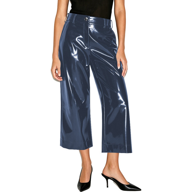 Women Shiny PVC Solid Color Wide Leg Pants High Waist Wet-look Cropped Trousers Elegant Ladies Loose Straight Pants Streetwear