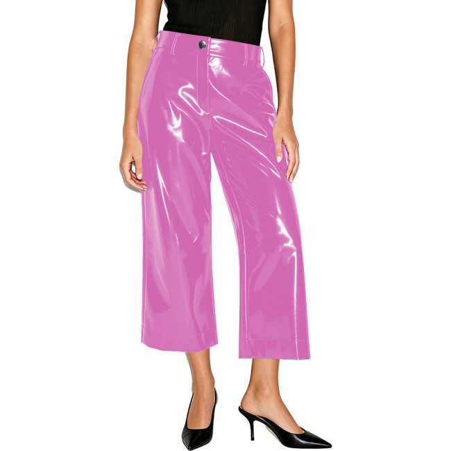 Women Shiny PVC Solid Color Wide Leg Pants High Waist Wet-look Cropped Trousers Elegant Ladies Loose Straight Pants Streetwear