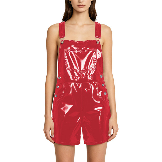 Women PVC Vinyl Leather Street Bib Overalls Solid Color Slim Sleeveless Cargo Straight Leg Short Romper with Pockets Clubwear