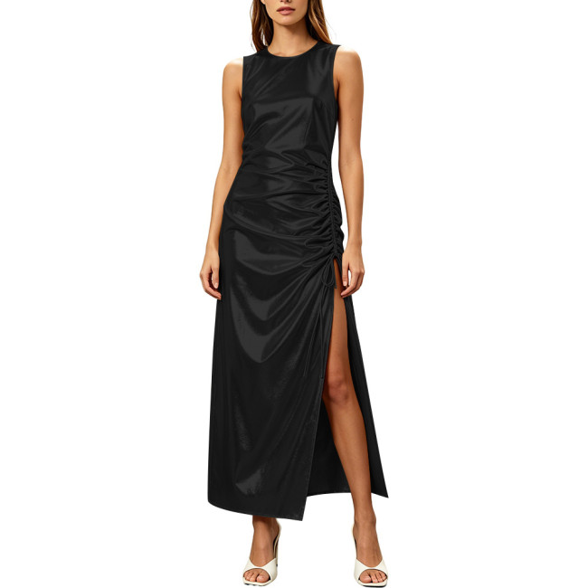 Women's Formal Evening Gowns Metallic Shiny Party Club Dresses Round Neck Sleeveless Pleated Side Slit Straight Club Long Dress