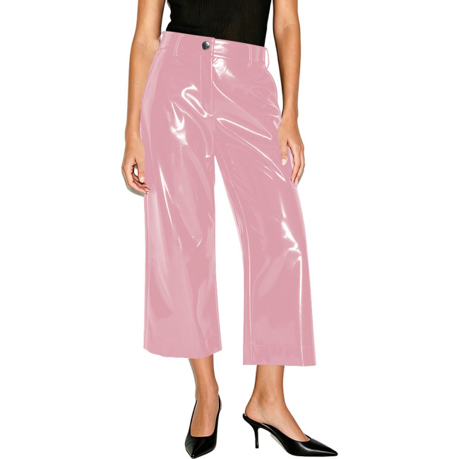 Women Shiny PVC Solid Color Wide Leg Pants High Waist Wet-look Cropped Trousers Elegant Ladies Loose Straight Pants Streetwear