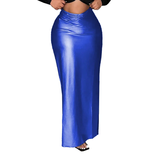 Ladies Business Side Split Skirt Matte PU Leather High Waist Long Skirt Elastic Pencil Wrap Hip Bottoms Offiece Casual Dressing