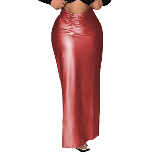 Ladies Business Side Split Skirt Matte PU Leather High Waist Long Skirt Elastic Pencil Wrap Hip Bottoms Offiece Casual Dressing