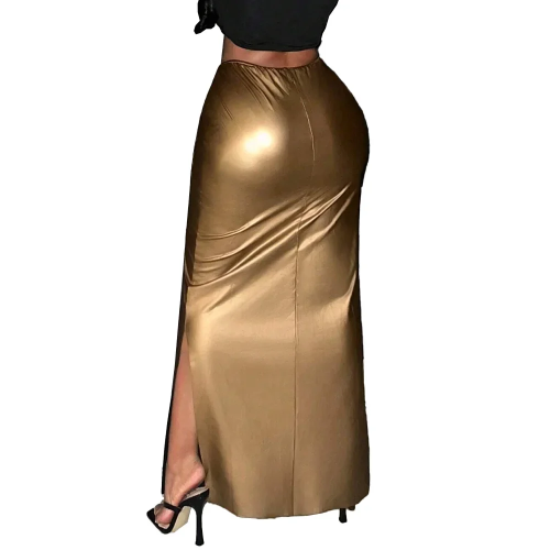 Ladies Business Side Split Skirt Matte PU Leather High Waist Long Skirt Elastic Pencil Wrap Hip Bottoms Offiece Casual Dressing