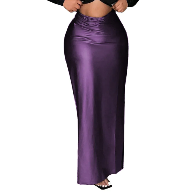 Ladies Business Side Split Skirt Matte PU Leather High Waist Long Skirt Elastic Pencil Wrap Hip Bottoms Offiece Casual Dressing