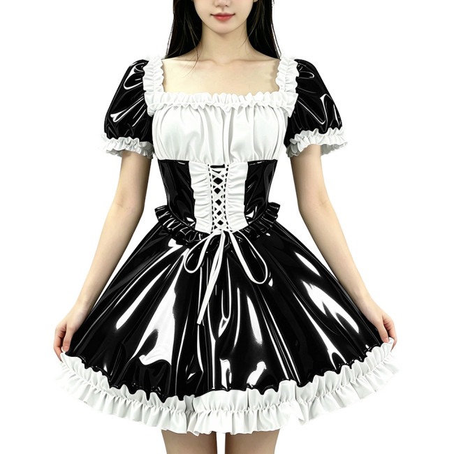 Sissy Vinyl Square Neck Puff Short Sleeve Lolita Dress Wet Look Lace-up Front A-line Ruffle Hem Mini Dress Cosplay Party Outfits