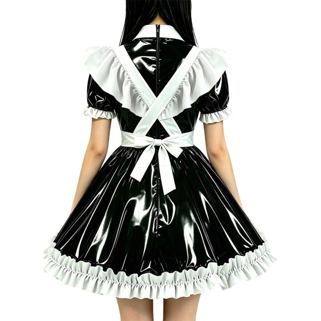 Sissy Adult PVC Shiny Ruffles Apron Nun Maid Dress Glossy Puff Short Sleeve French Maid Costume Cosplay Uniform Custom Size