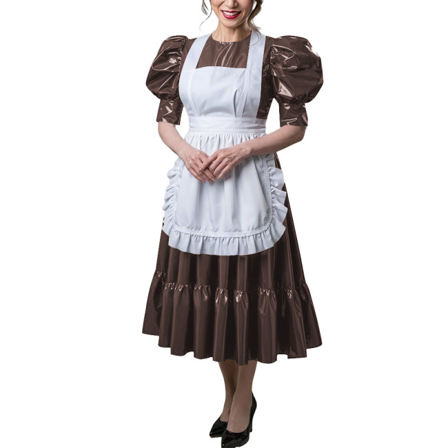 Sexy PVC Wetlook Maid Cosplay Dress with Apron Halloween Masquerade French Maid Uniforms Puff Sleeve Long Pleated Maid Dresses