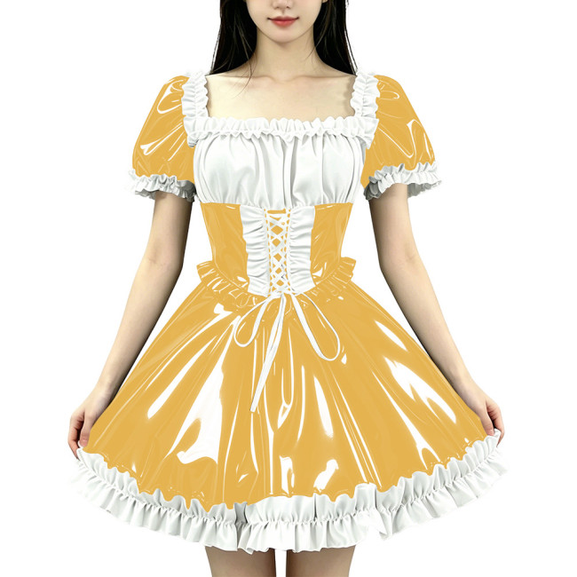 Sissy Vinyl Square Neck Puff Short Sleeve Lolita Dress Wet Look Lace-up Front A-line Ruffle Hem Mini Dress Cosplay Party Outfits