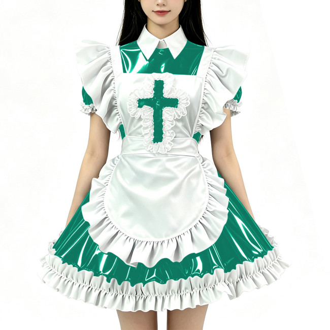 Sissy Adult PVC Shiny Ruffles Apron Nun Maid Dress Glossy Puff Short Sleeve French Maid Costume Cosplay Uniform Custom Size