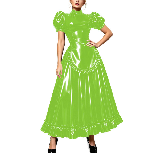 Wet PVC Leather Maxi Evening Dress Lockable A Line Puff Sleeve Ruffles Hem Maid Uniform Lolita Cocktail Party Cosplay Outfits