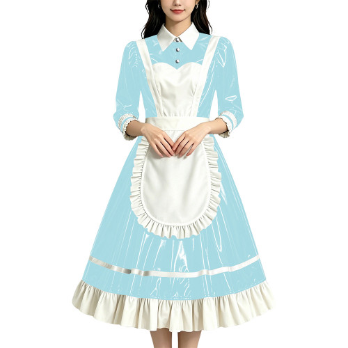 Halloween Women Glossy Maid Uniforms Three-quarter Sleeves French Apron Lolita Long Dresses Unisex Party Cosplay Anime Costumes