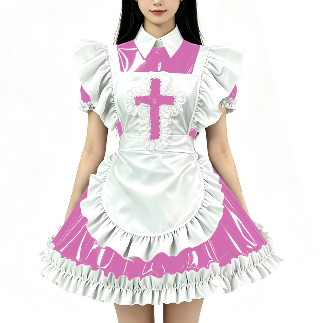Sissy Adult PVC Shiny Ruffles Apron Nun Maid Dress Glossy Puff Short Sleeve French Maid Costume Cosplay Uniform Custom Size