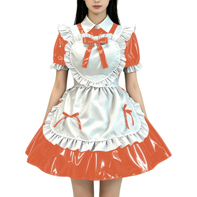 Lolita Wet Look Sweet Maid Cosplay Dress Halloween Party French Maid Servant Uniforms PVC Shiny Puff Short Sleeve Maid Outfits