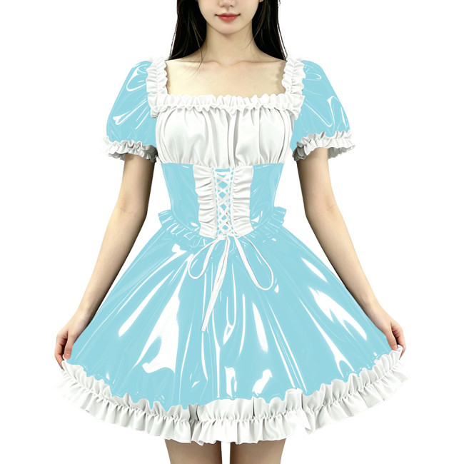 Sissy Vinyl Square Neck Puff Short Sleeve Lolita Dress Wet Look Lace-up Front A-line Ruffle Hem Mini Dress Cosplay Party Outfits