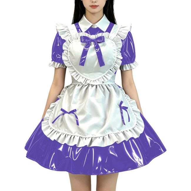 Lolita Wet Look Sweet Maid Cosplay Dress Halloween Party French Maid Servant Uniforms PVC Shiny Puff Short Sleeve Maid Outfits