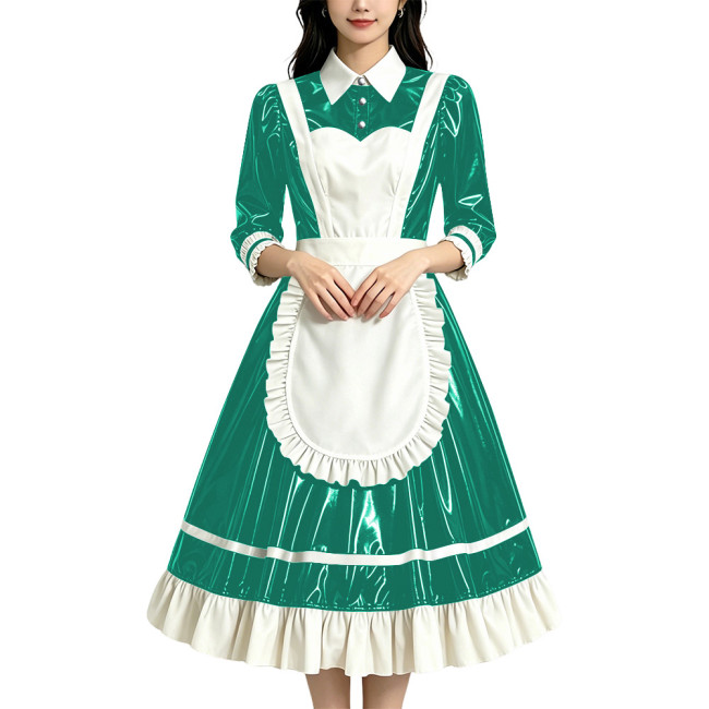Halloween Women Glossy Maid Uniforms Three-quarter Sleeves French Apron Lolita Long Dresses Unisex Party Cosplay Anime Costumes