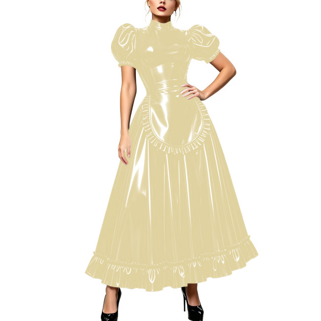 Wet PVC Leather Maxi Evening Dress Lockable A Line Puff Sleeve Ruffles Hem Maid Uniform Lolita Cocktail Party Cosplay Outfits