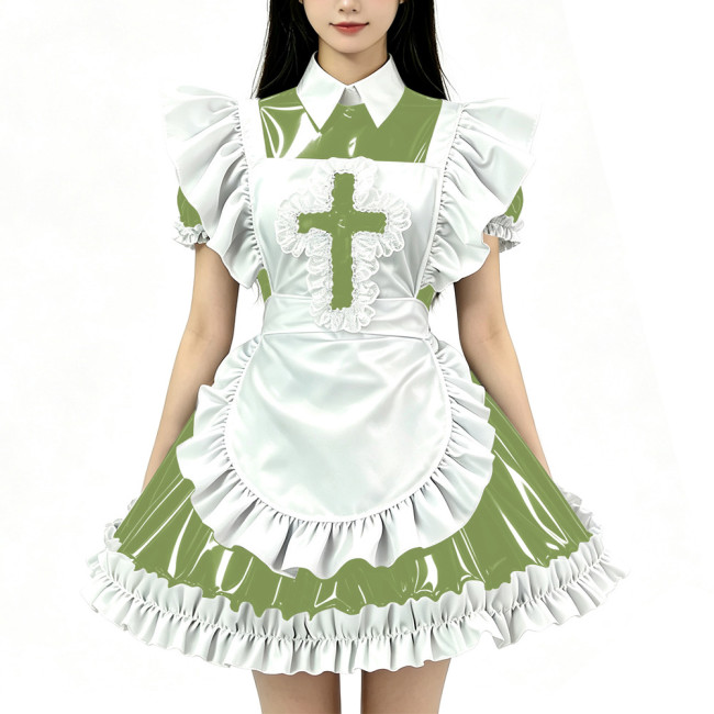 Sissy Adult PVC Shiny Ruffles Apron Nun Maid Dress Glossy Puff Short Sleeve French Maid Costume Cosplay Uniform Custom Size